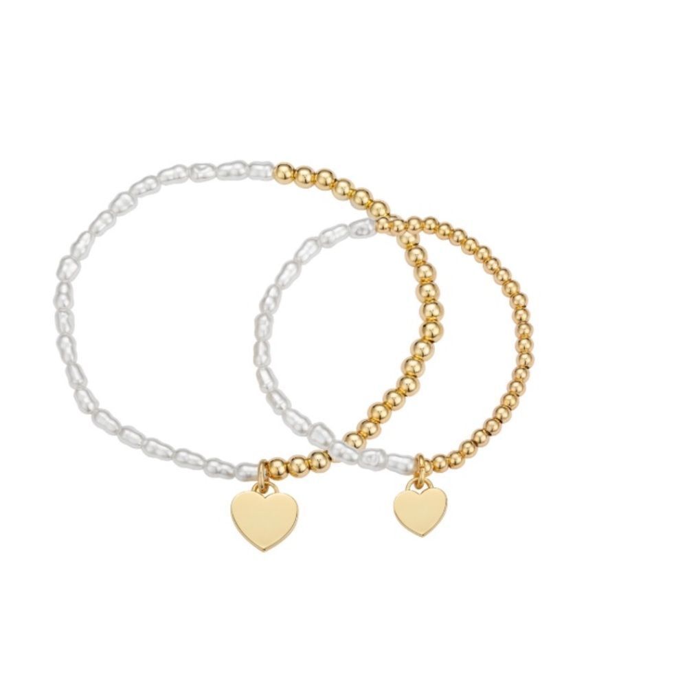 Unwritten Glass Imitation Pearl and Heart Stretch Bracelet Set 14K Gold Plated